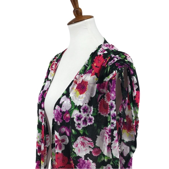 Betsey Johnson Floral Rhapsody Pink Black Fringed Open Front Kimono Wrap M/L - Picture 2 of 11
